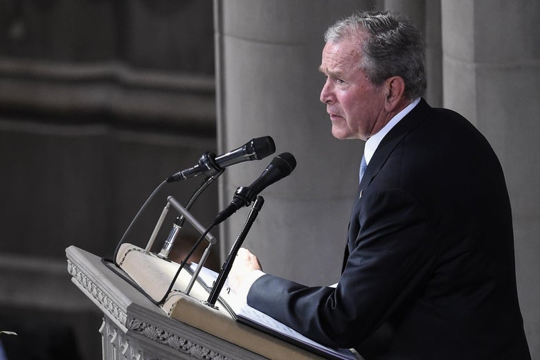 Former President George W. Bush speaks during a memorial service for Senator John McCain at the Washington National Cathedral in Washington, D.C., on September 1, 2018.